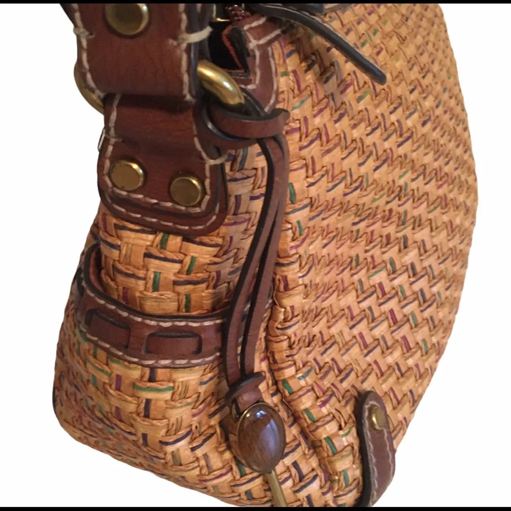 Fossil Vintage Straw Leather Satchel with Key